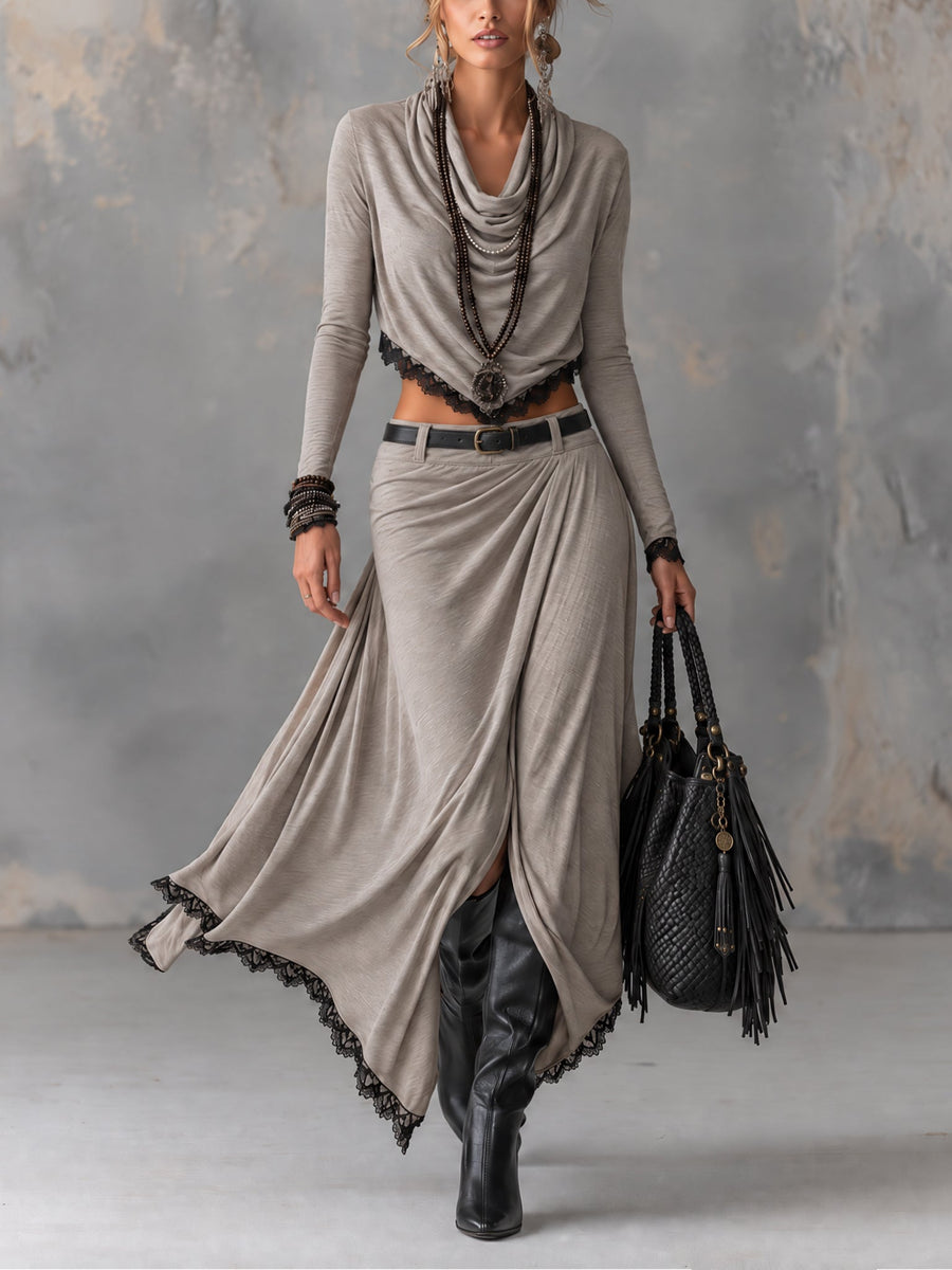 Michela | Two-piece set with a short elastic top featuring a draped grey neckline and a long skirt with a slit (belt included)