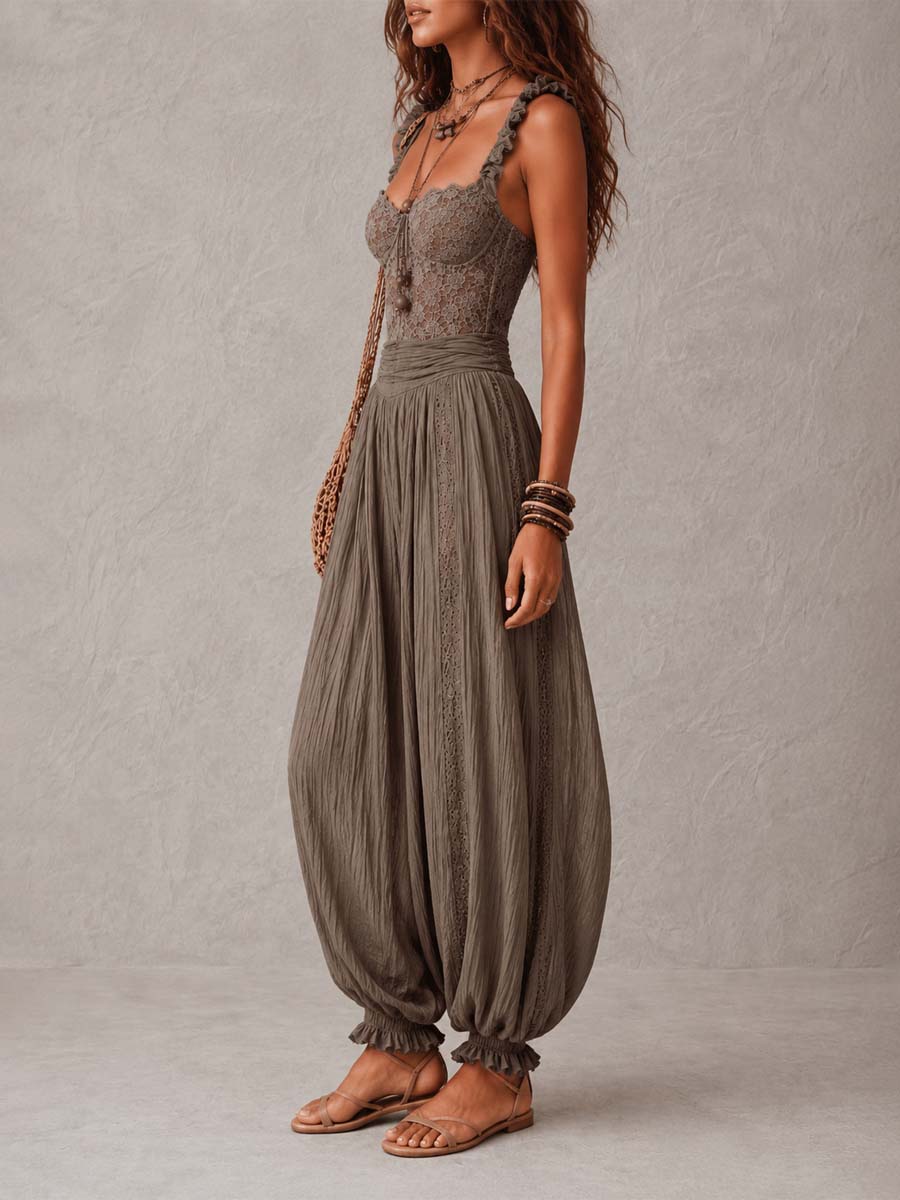 Sophia | Completo bandeau in pizzo grigio con pantaloni harem in cotone plissettato