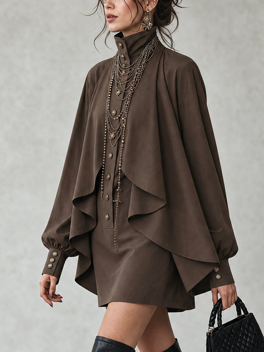 Chocolate high-neck mini dress with cape-style paneling