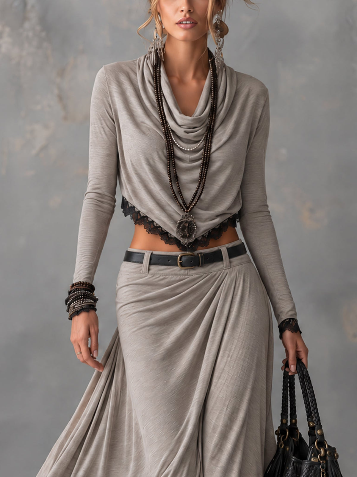 Michela | Two-piece set with a short elastic top featuring a draped grey neckline and a long skirt with a slit (belt included)