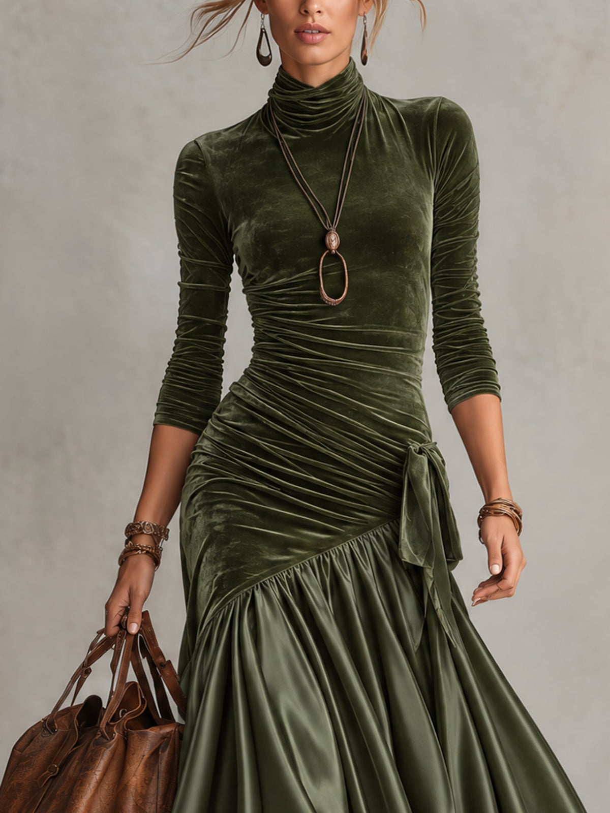 Antonella | Long velvet and satin dress with panels and olive green lace hem