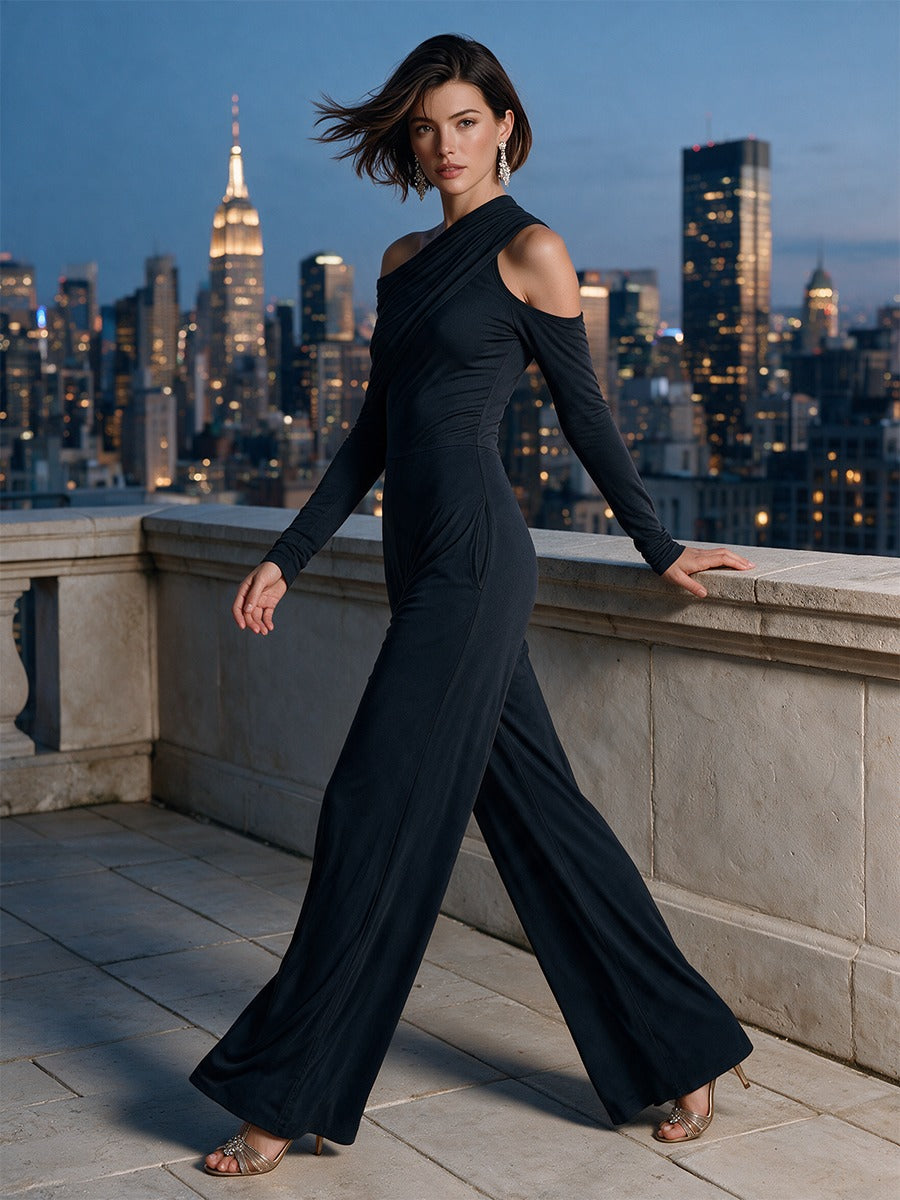 Dafne | One-Shoulder Jumpsuit with Draping and Wide Leg, Black