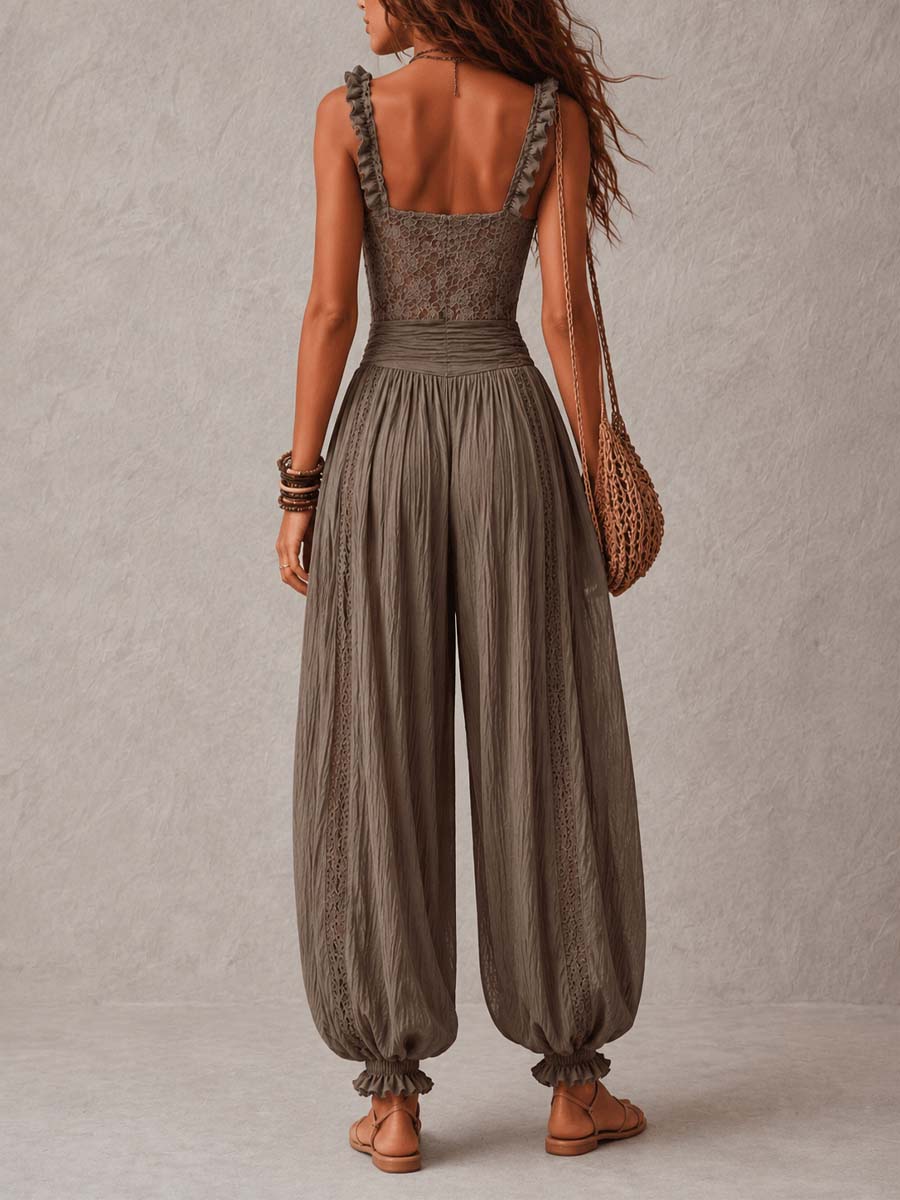 Sophia | Completo bandeau in pizzo grigio con pantaloni harem in cotone plissettato