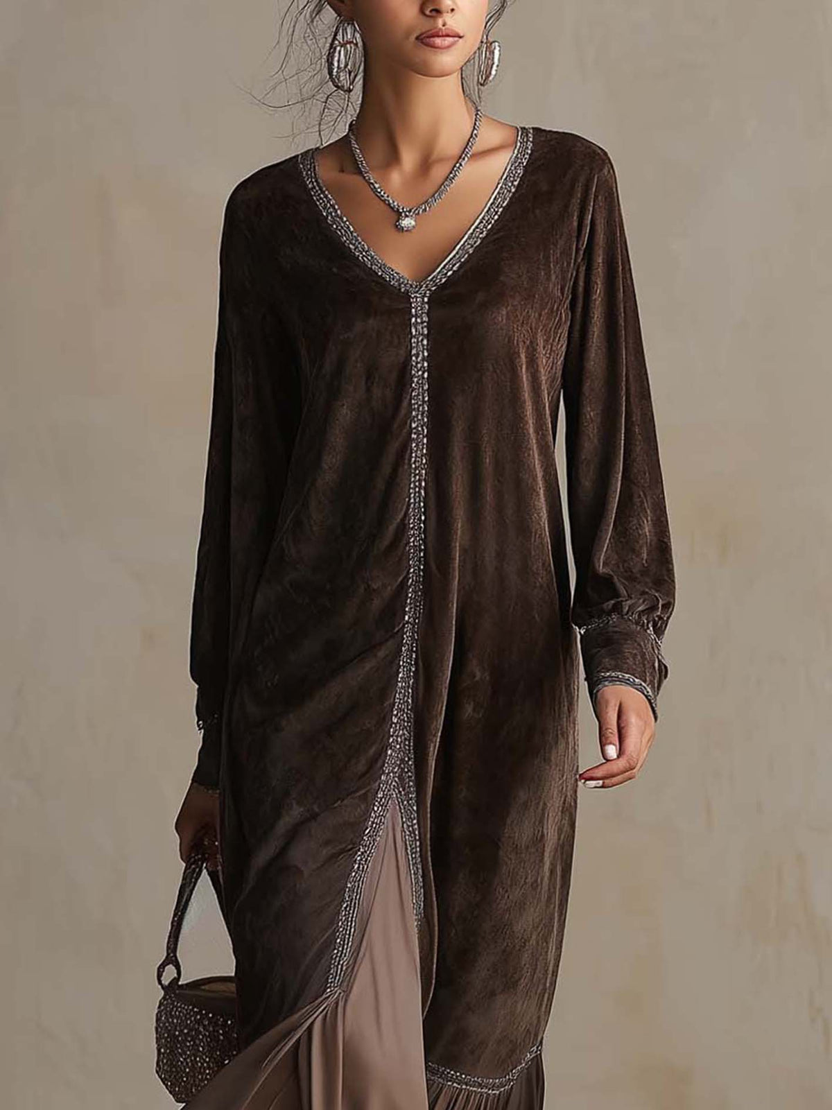 Teresa | Midi flared dress in synthetic suede with V-neck and trim detail