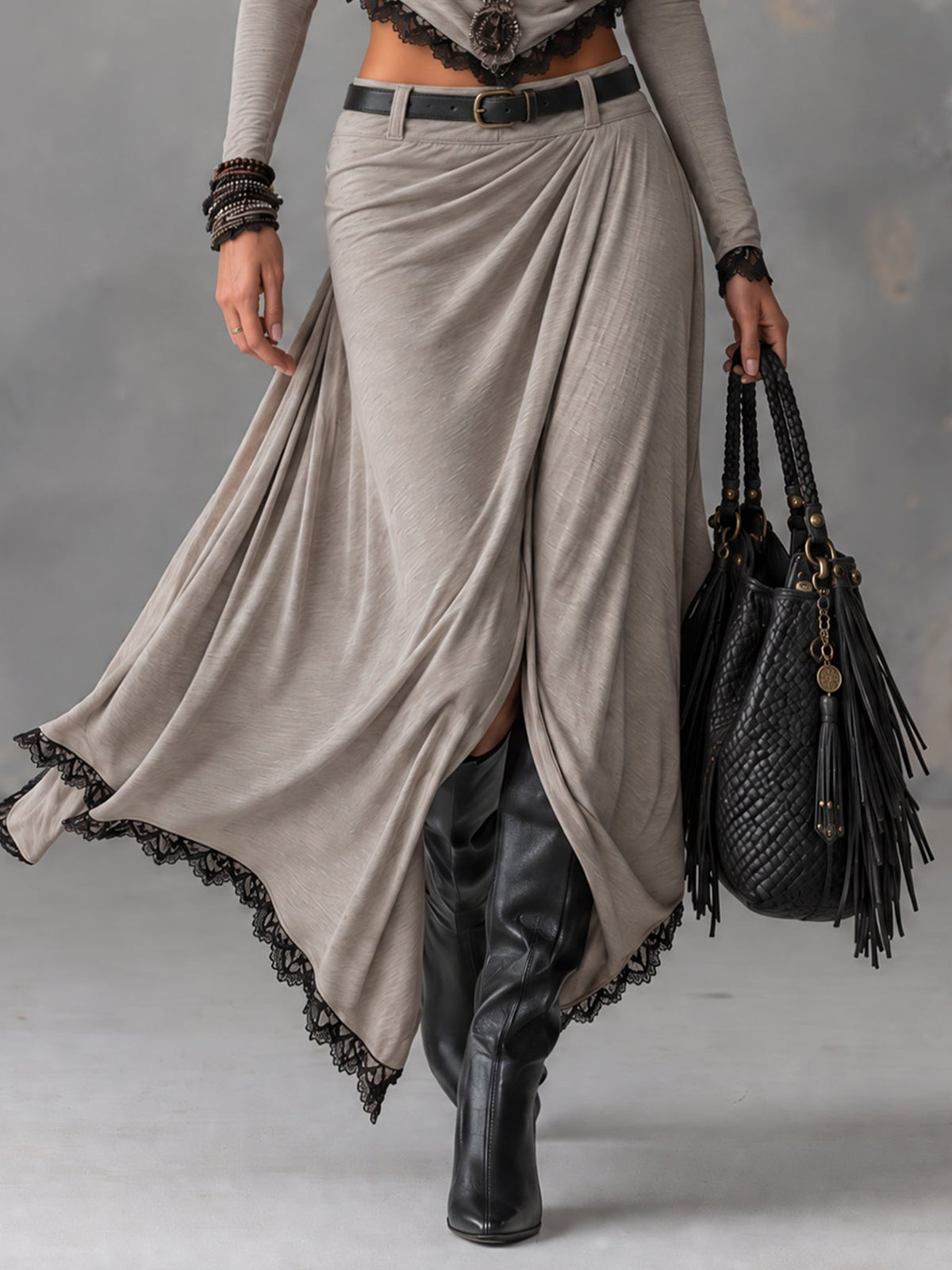 Michela | Two-piece set with a short elastic top featuring a draped grey neckline and a long skirt with a slit (belt included)