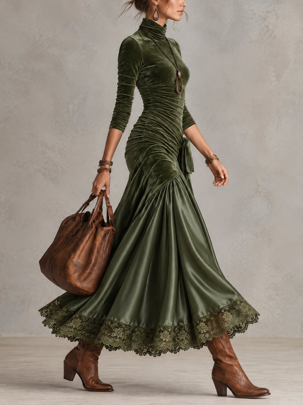 Antonella | Long velvet and satin dress with panels and olive green lace hem