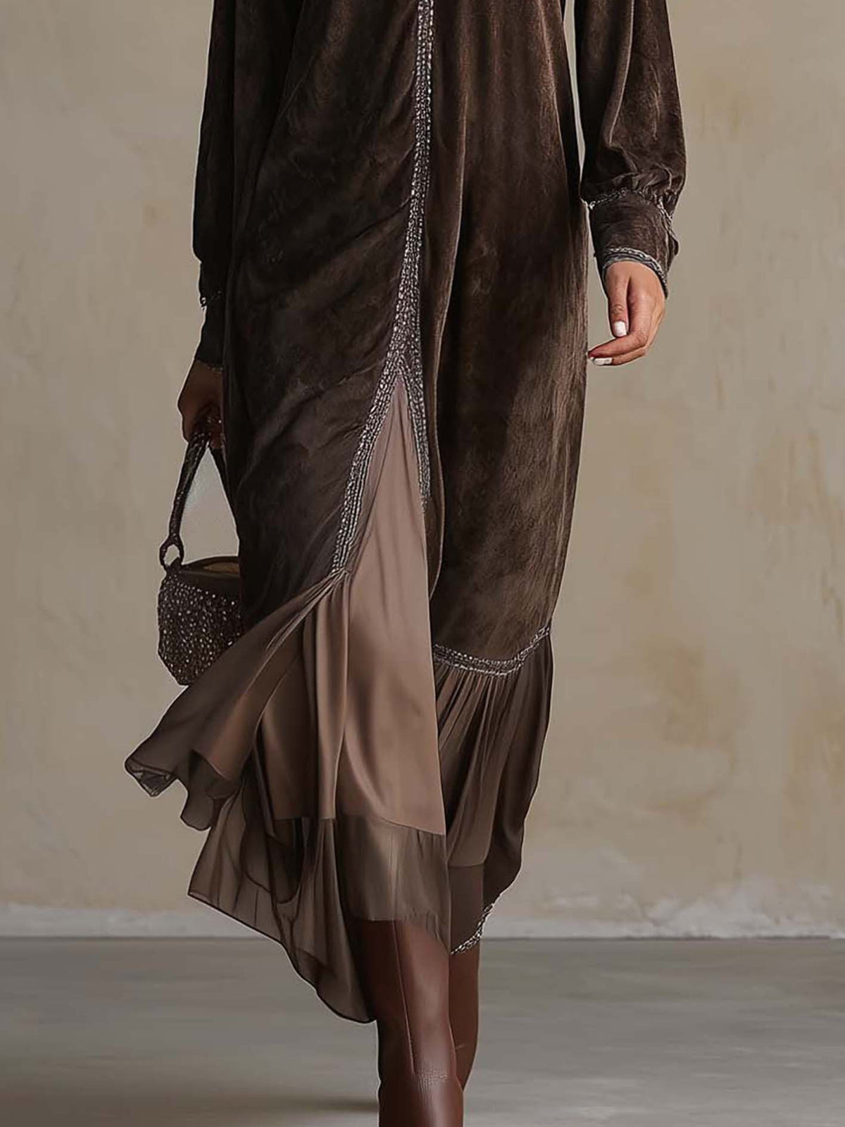 Teresa | Midi flared dress in synthetic suede with V-neck and trim detail