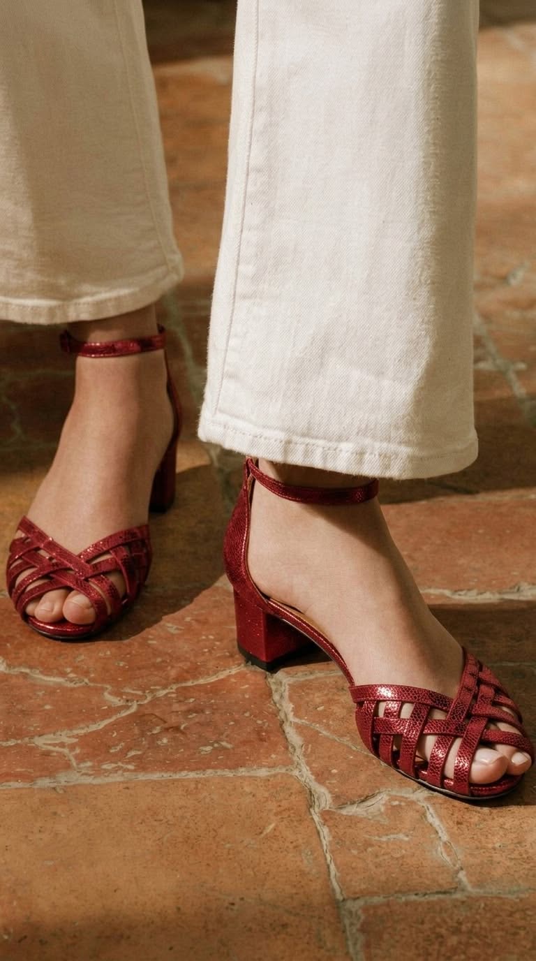 Tacchi larghi peep toe intrecciati Oro con cinturino alla caviglia e fibbia