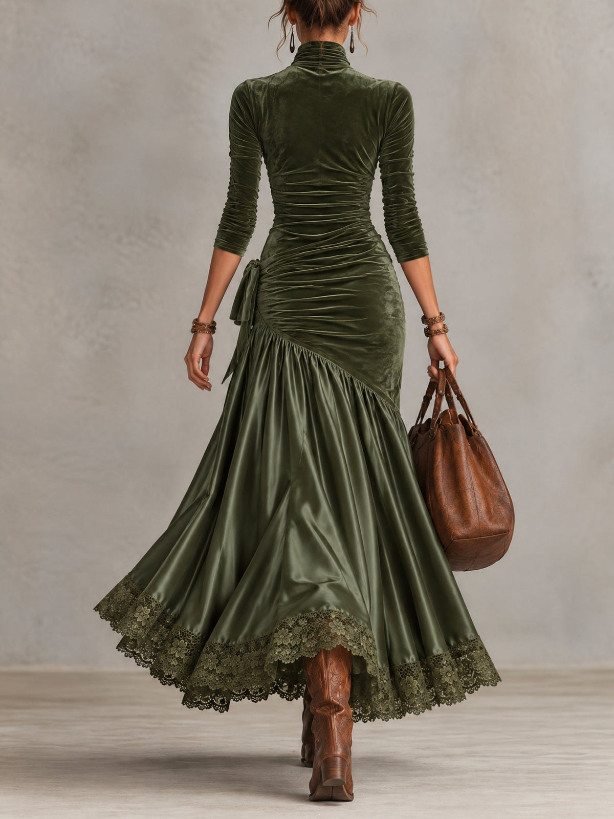 Antonella | Long velvet and satin dress with panels and olive green lace hem