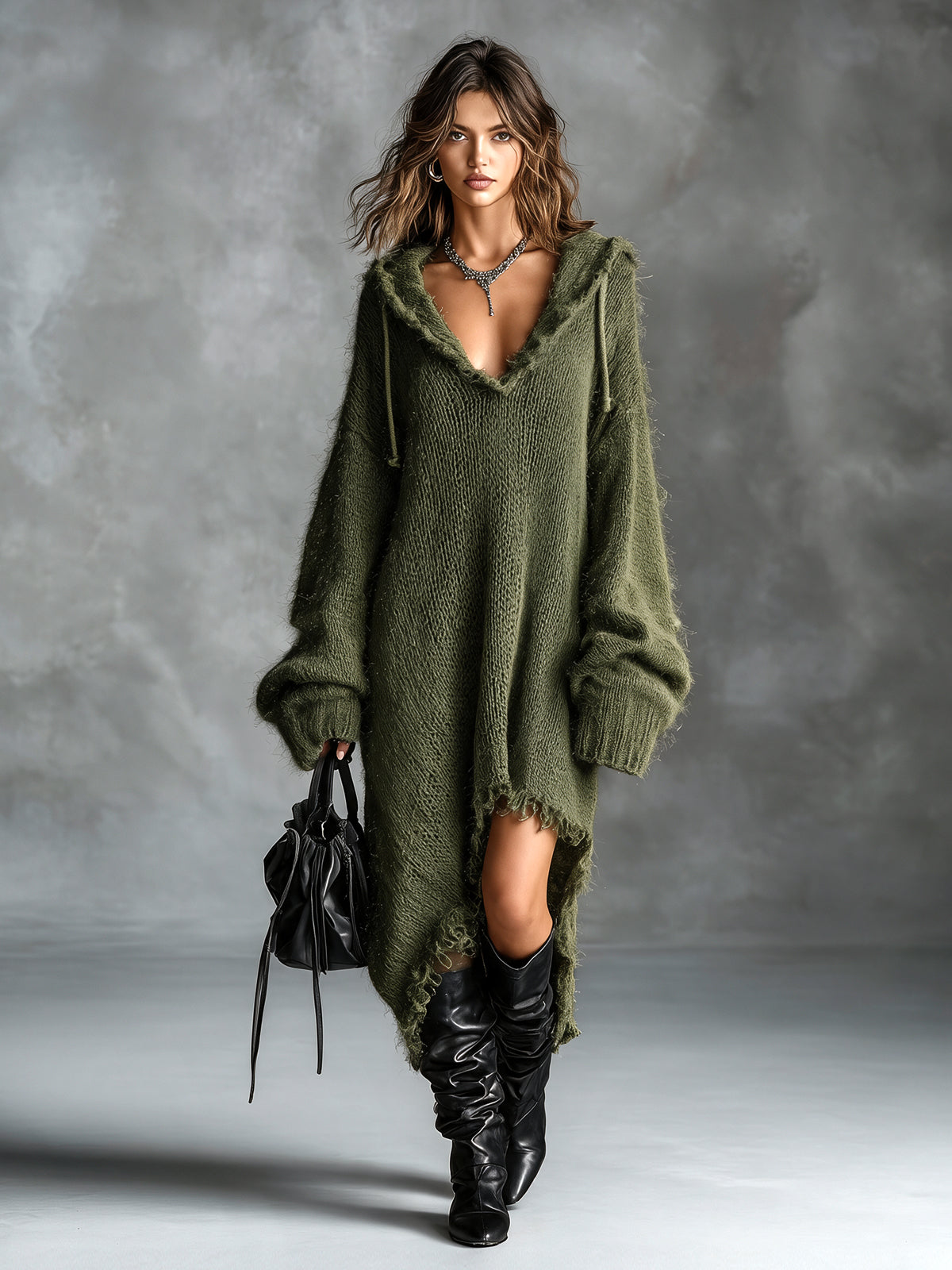 Elena | Fuzzy Knit Hooded Oversized Midi Dress