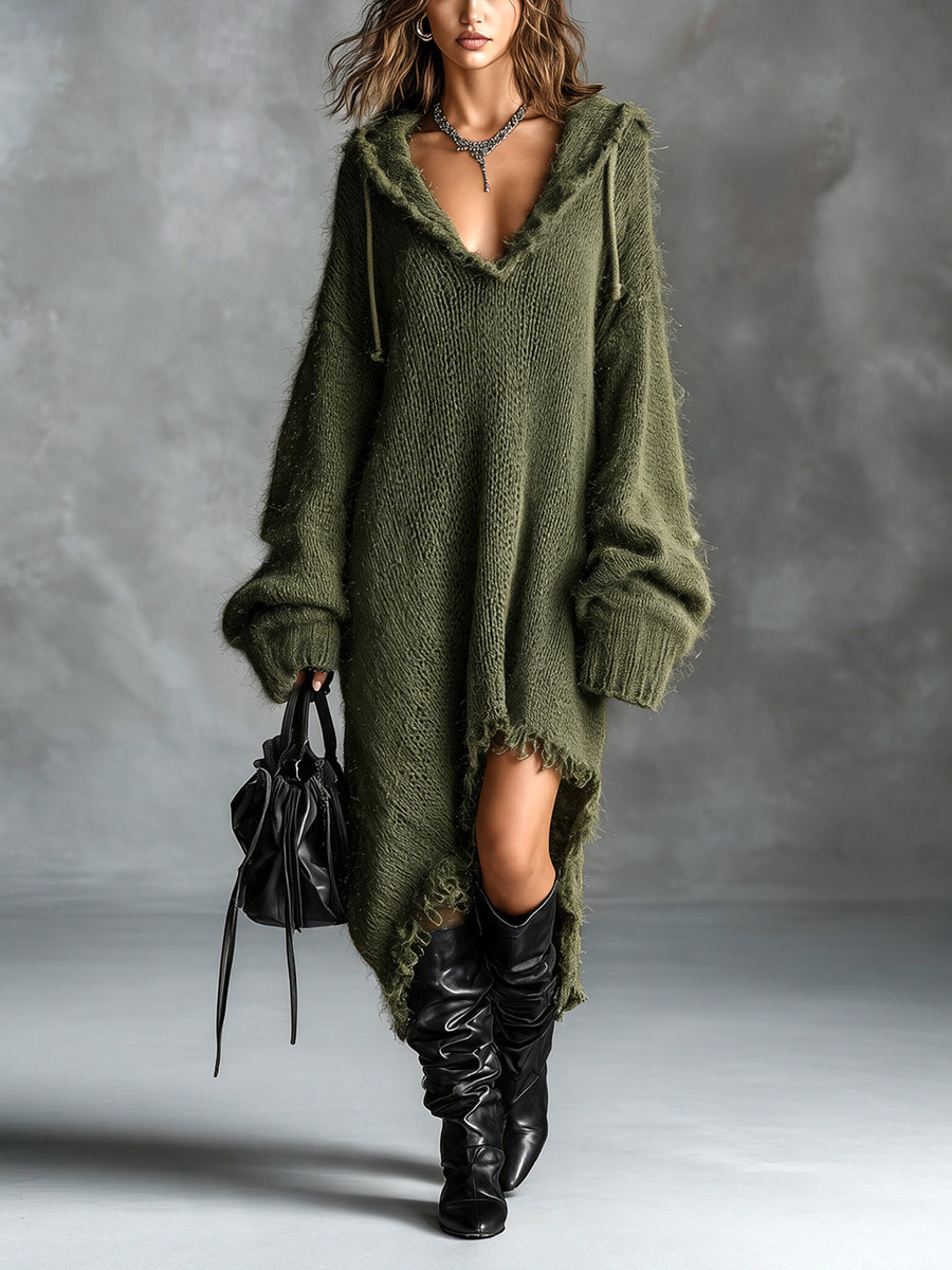 Elena | Fuzzy Knit Hooded Oversized Midi Dress
