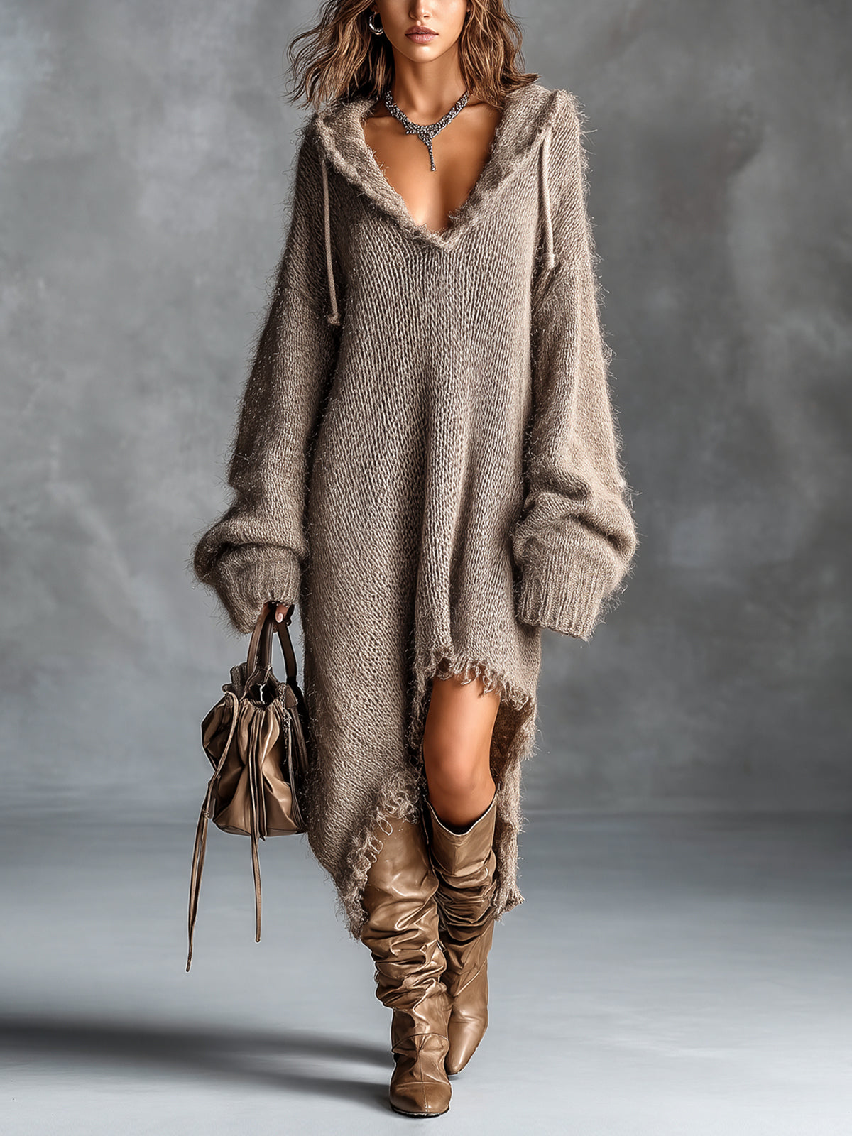 Elena | Fuzzy Knit Hooded Oversized Midi Dress