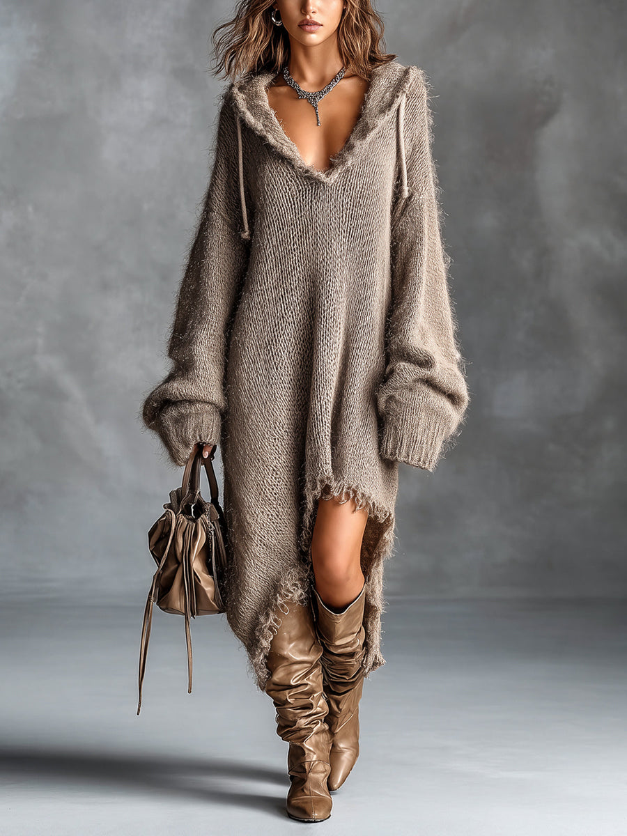 Elena | Fuzzy Knit Hooded Oversized Midi Dress