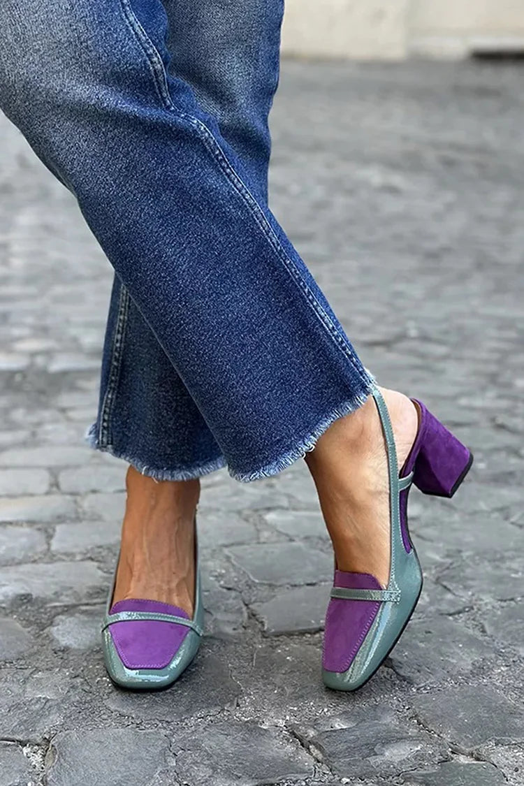 Tacchi larghi slingback patchwork Viola a punta quadrata