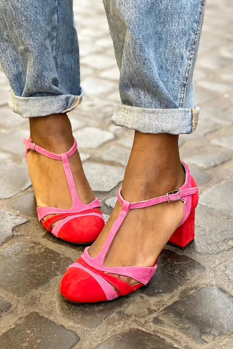 Tacchi larghi cut-out color block Fucsia con fibbia e cinturino a T