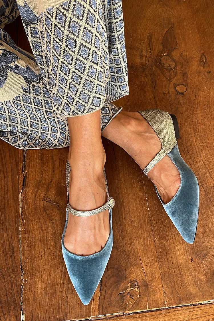Ballerine patchwork Blu a punta con cinturino e fibbia sul collo del piede