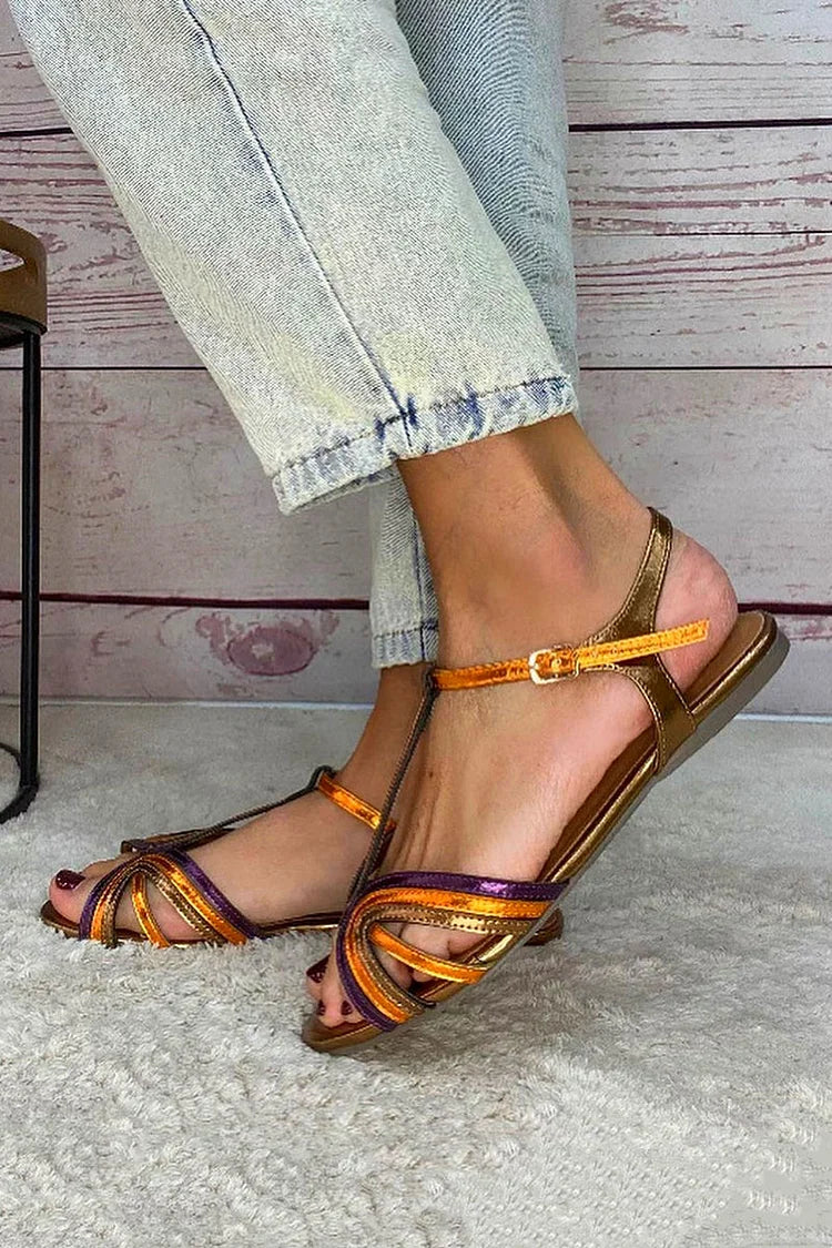 Sandali peep toe Multicolore e Oro con fibbia e cinturino a T