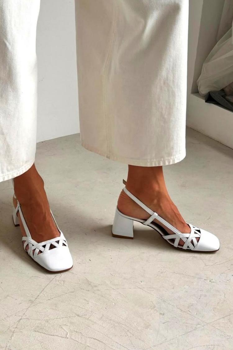 Tacchi larghi slingback cut-out Bianco a punta quadrata