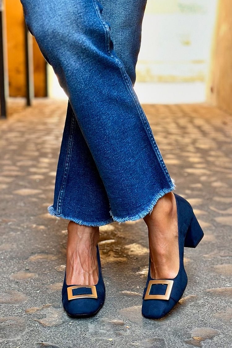 Tacchi larghi patchwork Blu Navy a punta quadrata