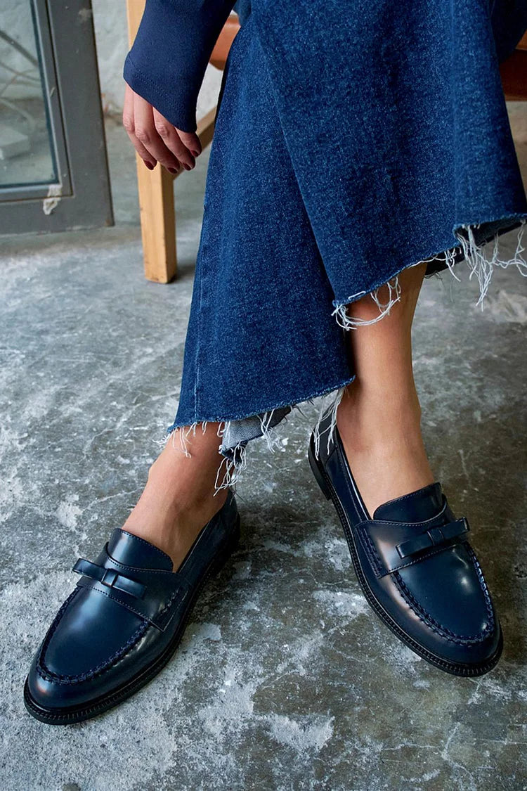 Mocassini patchwork Blu Navy a punta tonda in tinta unita con fiocco