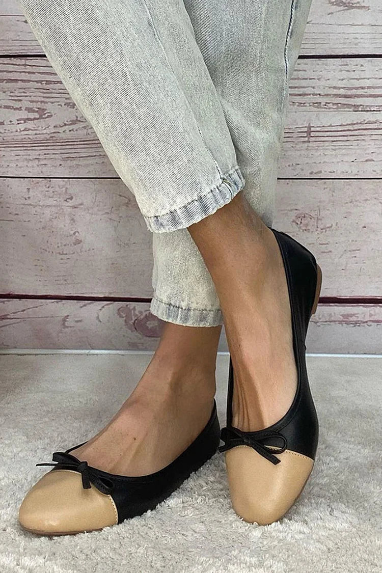 Ballerine color block Nero a punta tonda con fiocco