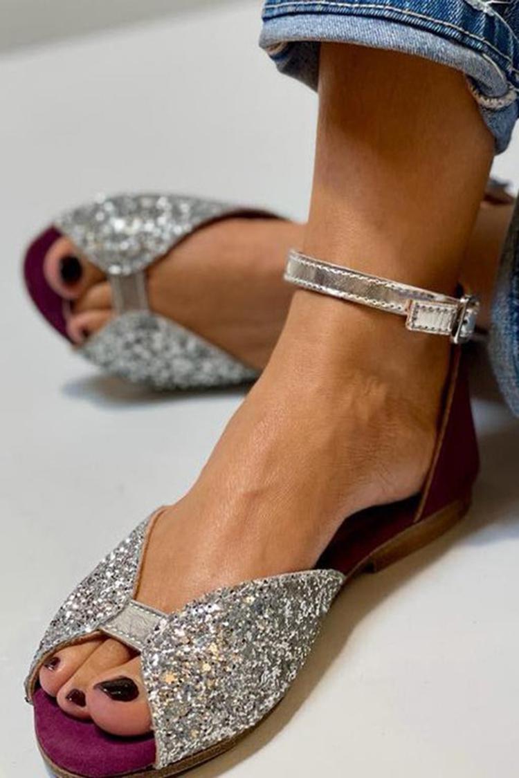Sandali peep toe glitter Argento con cinturino alla caviglia e fibbia