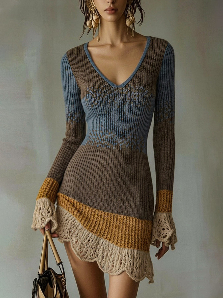 Multicolour Knit Mini Dress With Lace Ruffle Trim