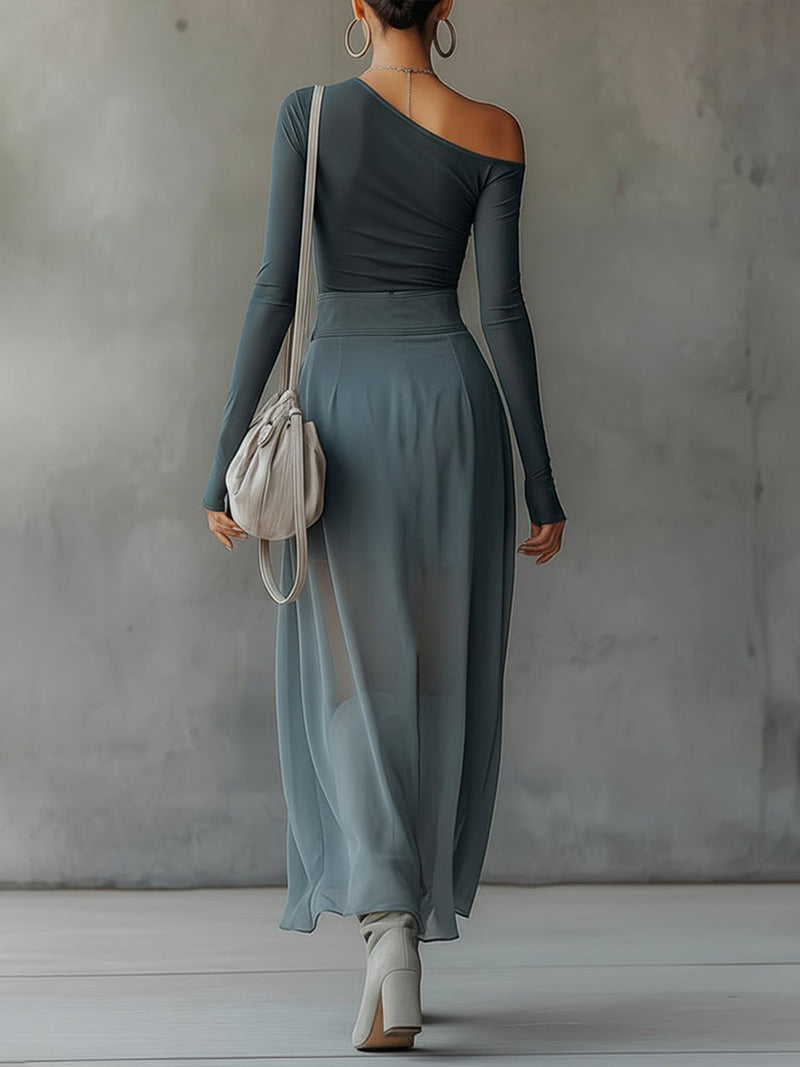 Blue Stretch Knit Chiffon Off-Shoulder Maxi Dress With Slit Hem