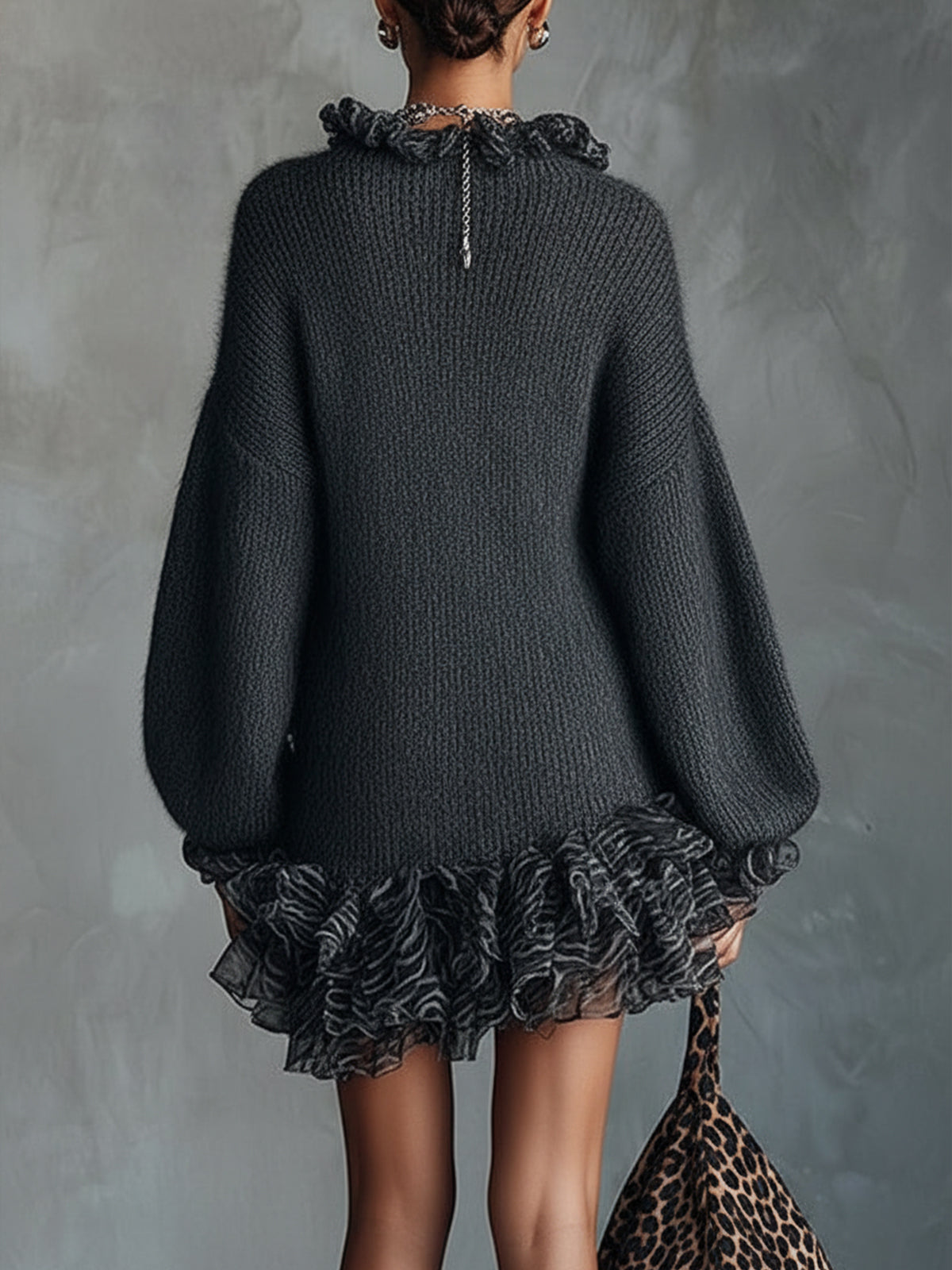 Grey Knit Mini Dress With Ruffled V-Neckline And Chiffon Hem