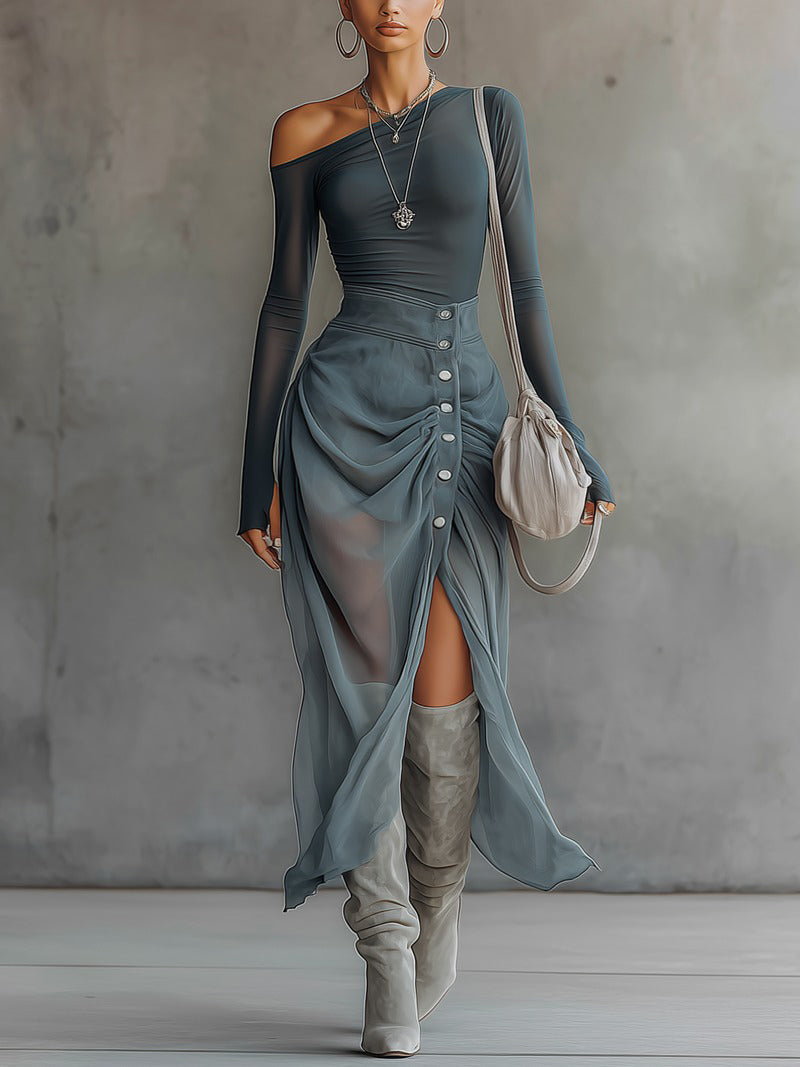Blue Stretch Knit Chiffon Off-Shoulder Maxi Dress With Slit Hem