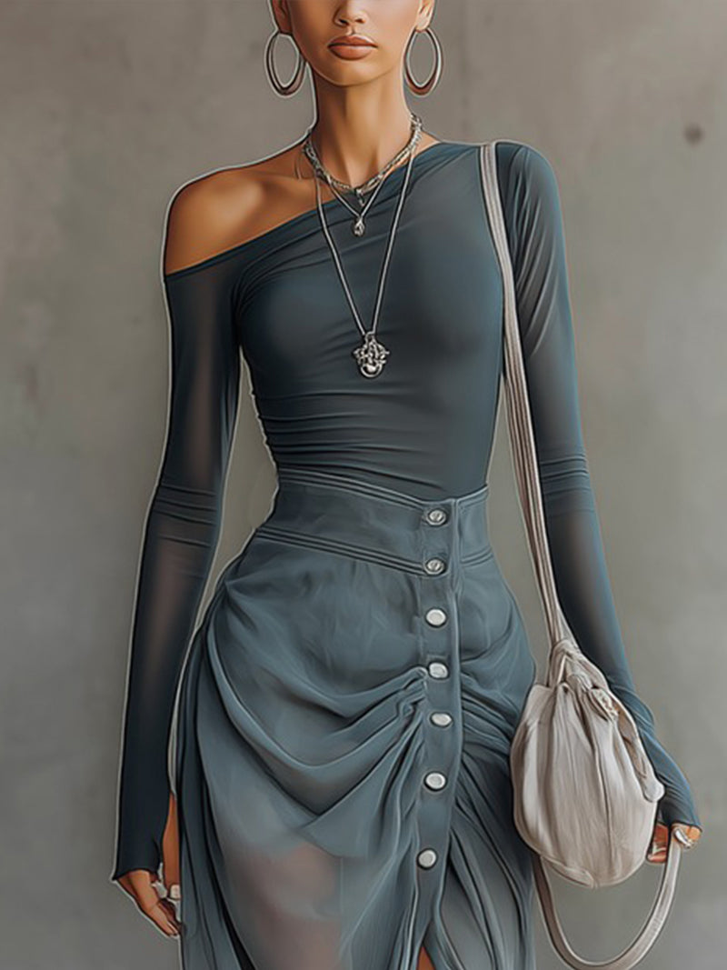 Blue Stretch Knit Chiffon Off-Shoulder Maxi Dress With Slit Hem