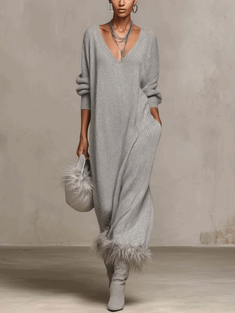 Silver Grey Shimmer Knit Maxi Dress With Faux Feather Trim Hem