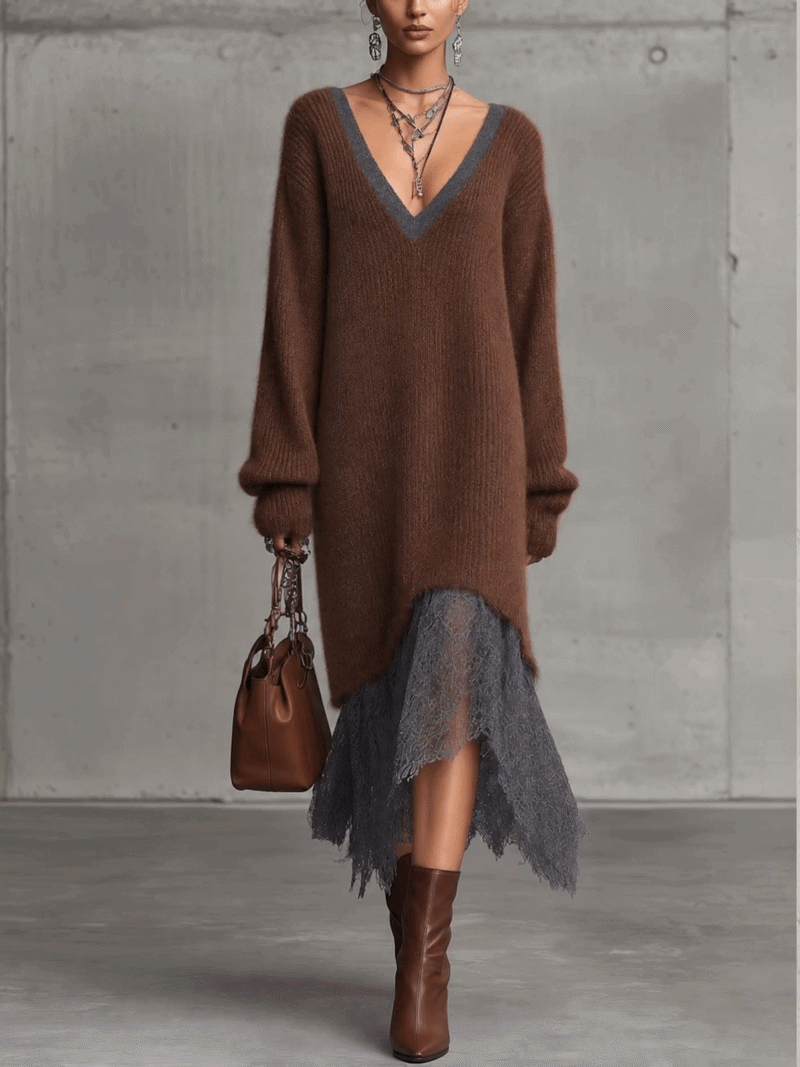 Chocolate Brown Fuzzy Mohair Knit Midi Dress With Contrast Lace Hem