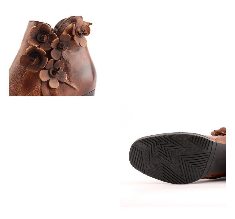 Juliette - Retro Handmade Floral Leather Solid Colour Ankle Boots