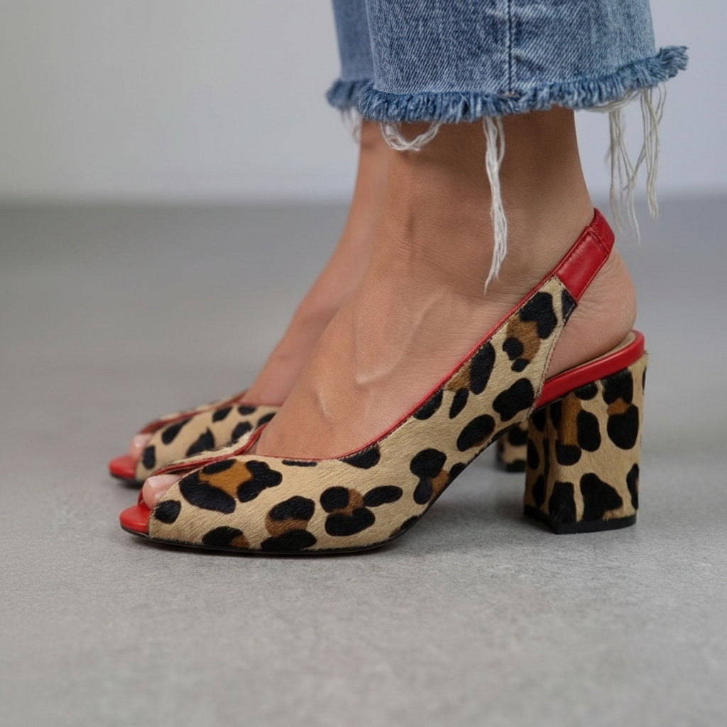 Tacchi a blocco slingback peep toe stampa leopardata Rosso