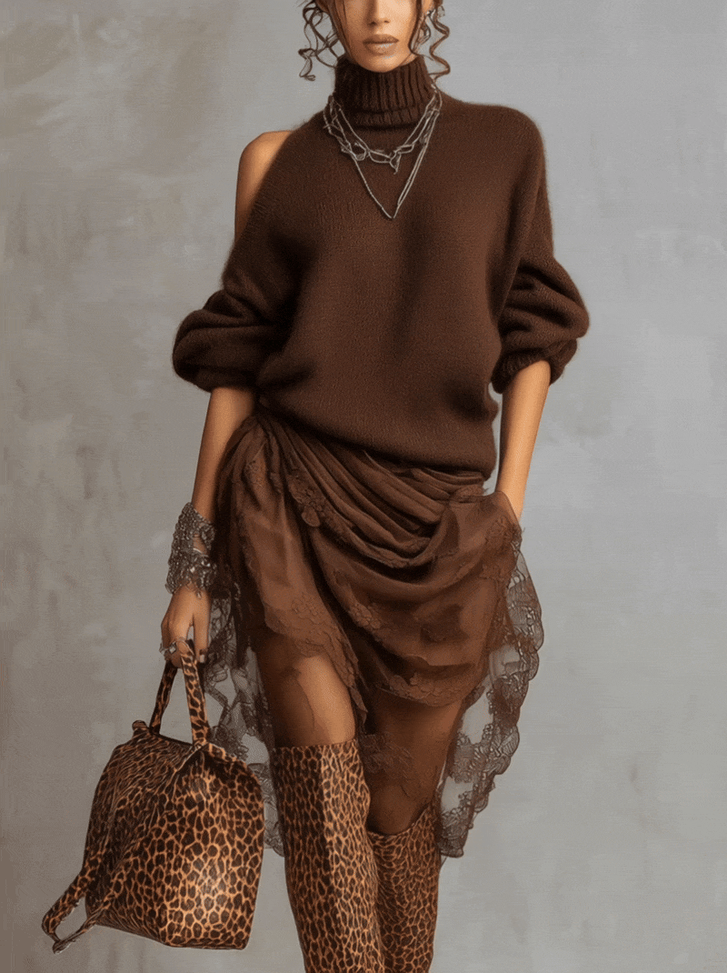 Chocolate Knit Off Shoulder Tulle Long Sleeve Midi Dress