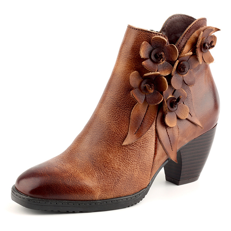 Juliette - Retro Handmade Floral Leather Solid Colour Ankle Boots