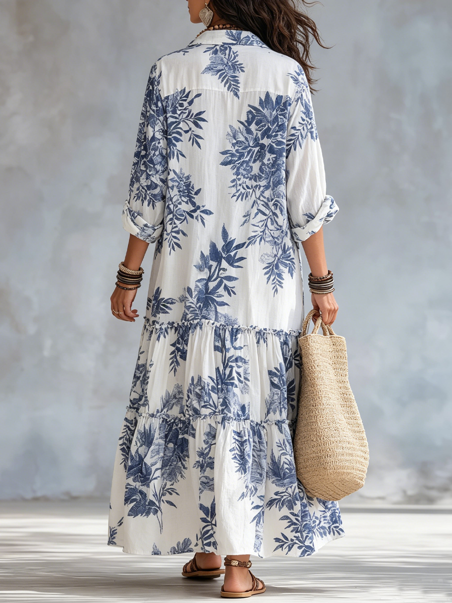 Dahlia™ | Vestito Maxi A Balze Blu Bohemien con Fiori e Bottoni