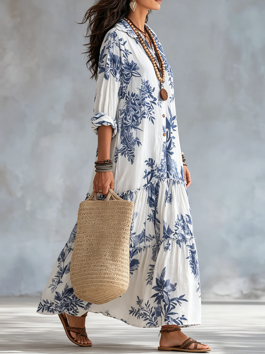 Dahlia™ | Vestito Maxi A Balze Blu Bohemien con Fiori e Bottoni