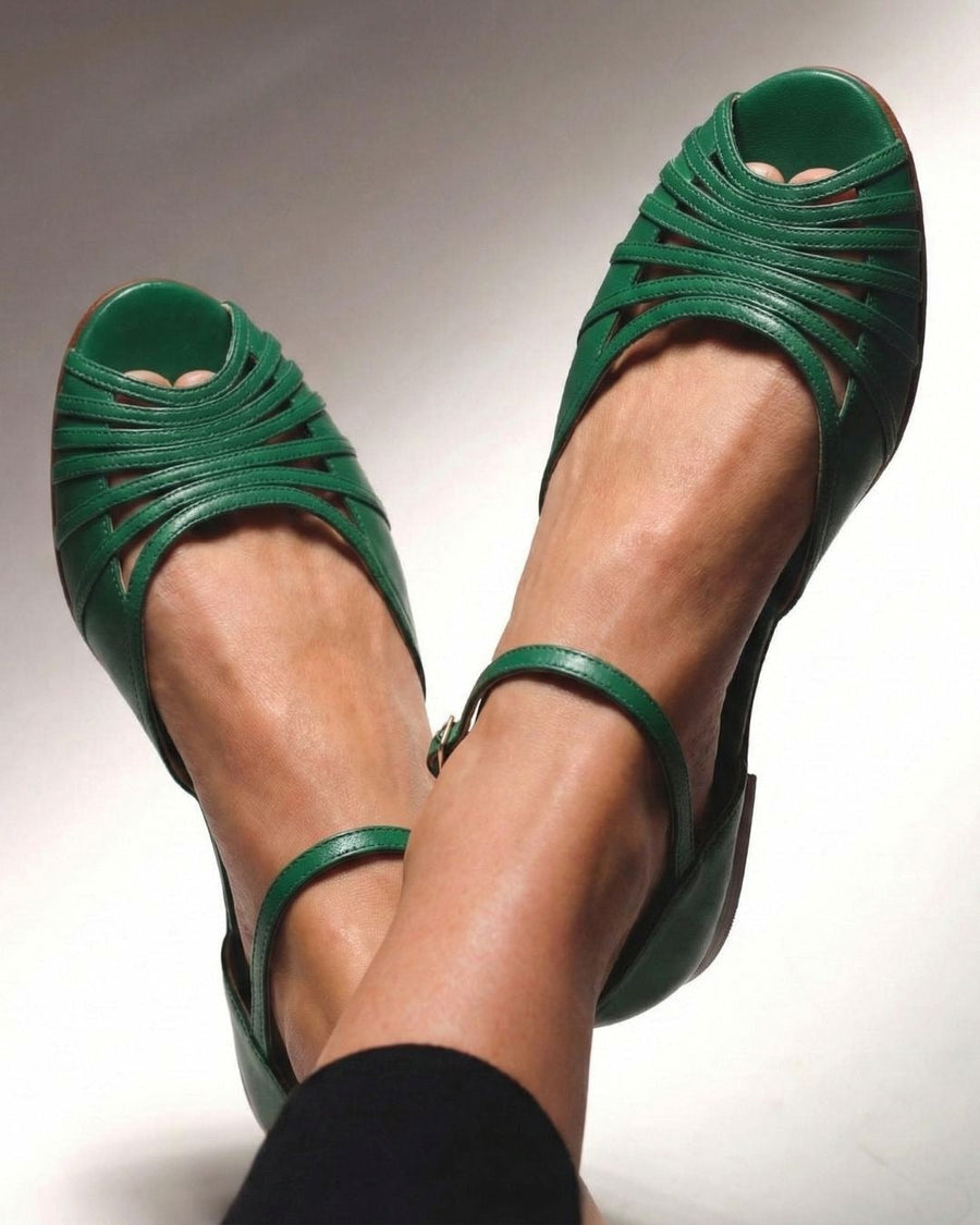 Sandali peep toe intrecciati bassi Verde con cinturino alla caviglia