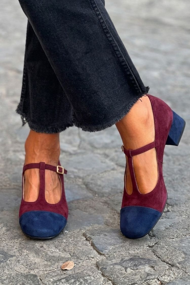 Tacchi larghi patchwork Rosso a punta tonda con fibbia e cinturino a T