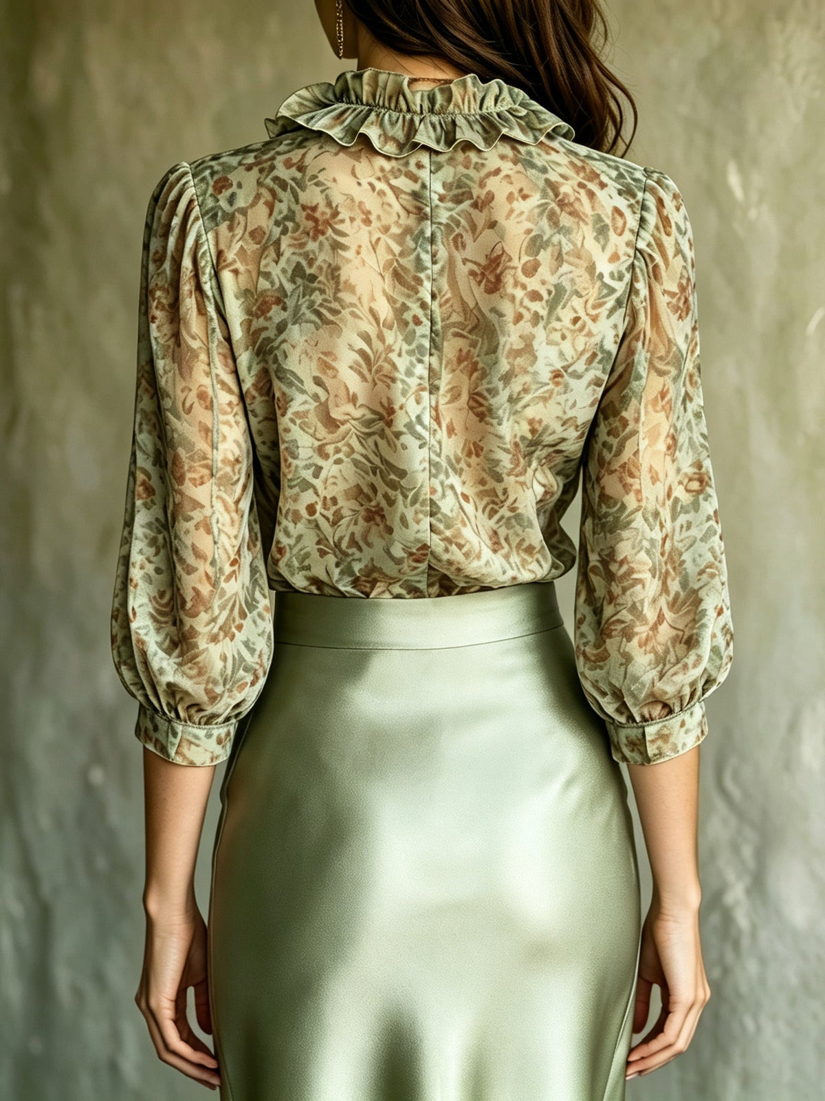 Giuliana | Floral Blouse and Satin Skirt Set, Sage Green
