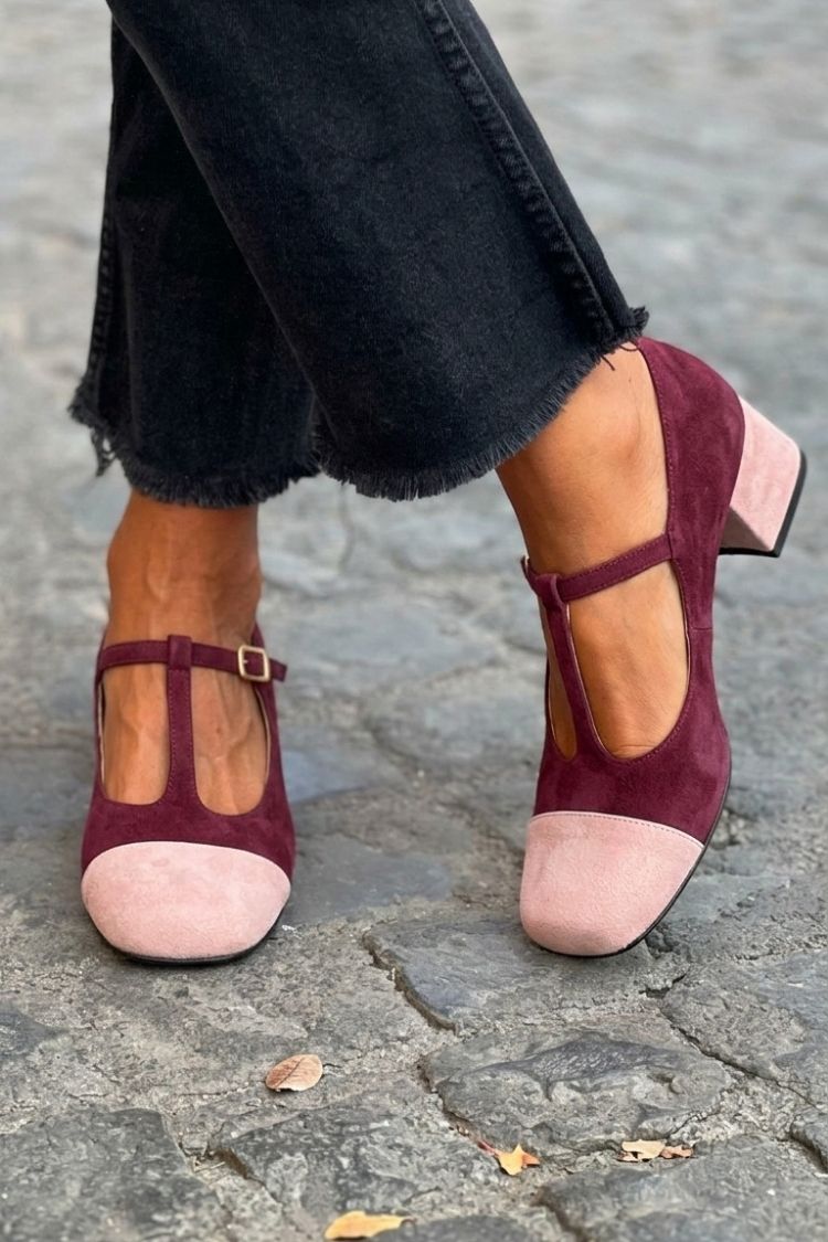 Tacchi larghi patchwork Rosso a punta tonda con fibbia e cinturino a T