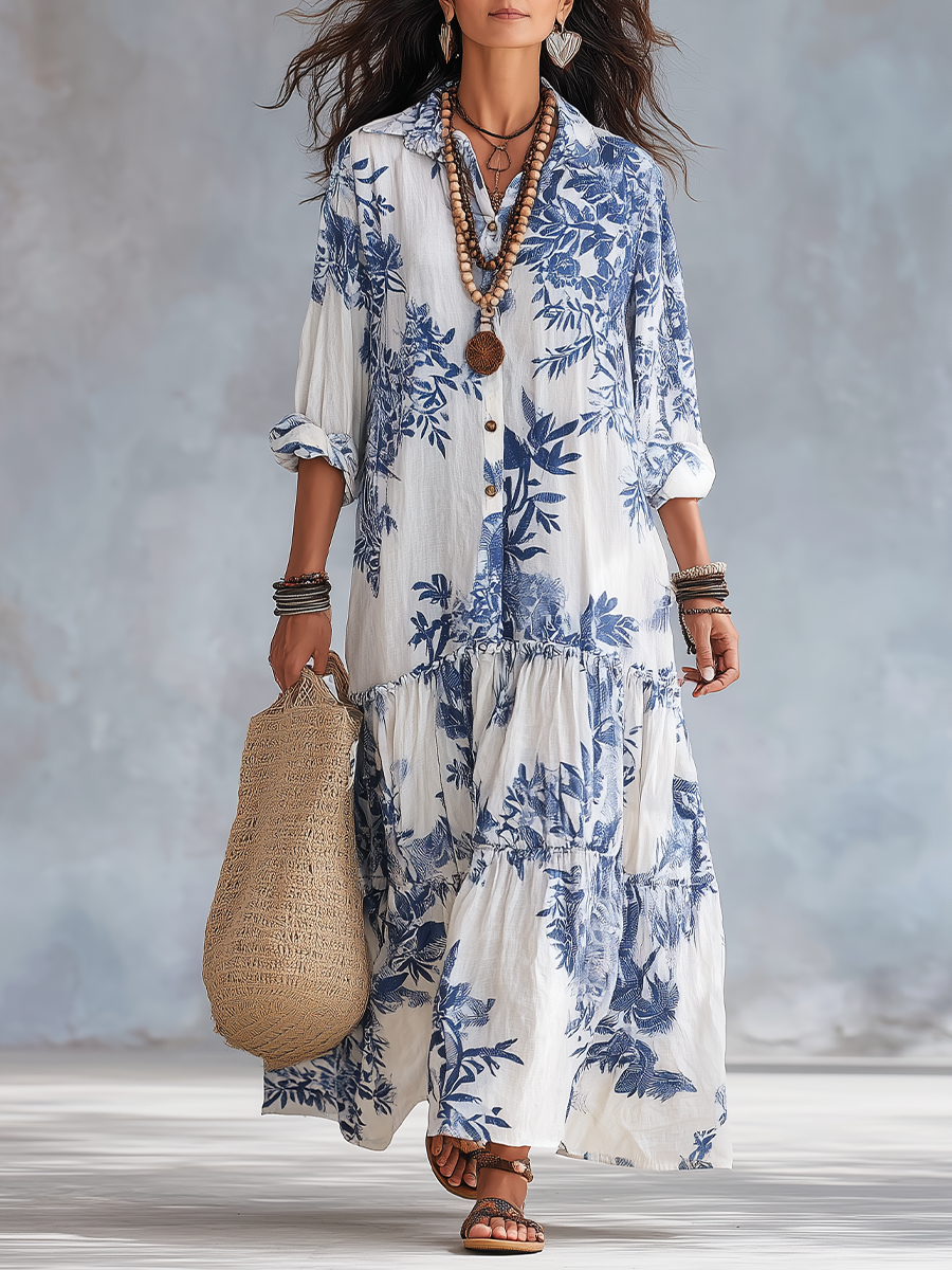 Dahlia™ | Vestito Maxi A Balze Blu Bohemien con Fiori e Bottoni