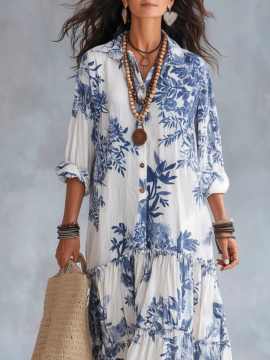 Dahlia™ | Vestito Maxi A Balze Blu Bohemien con Fiori e Bottoni