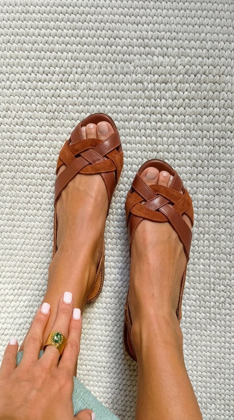 Sandali slingback bassi Marrone a punta aperta con cinturini incrociati