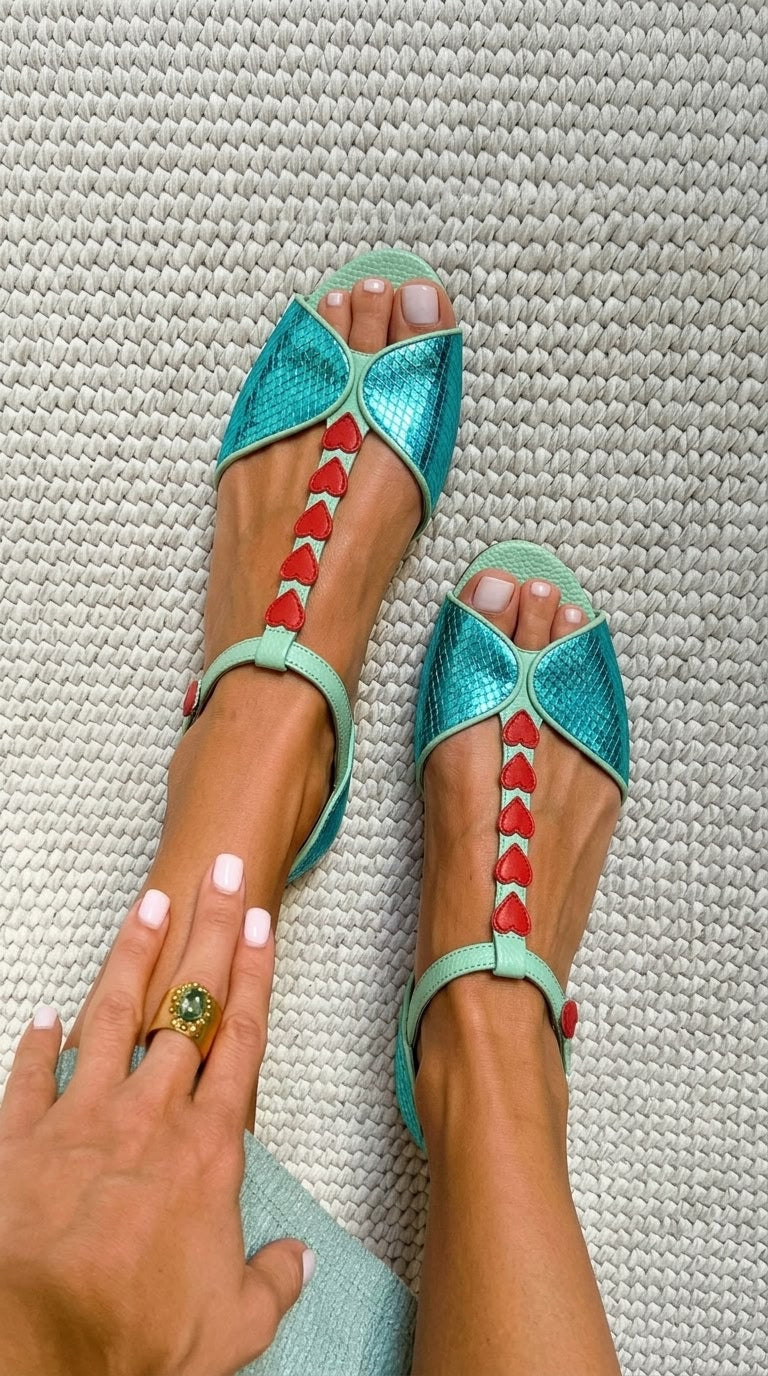 Sandali peep toe bassi Petrolio e Rosso con cinturino a T e cuore