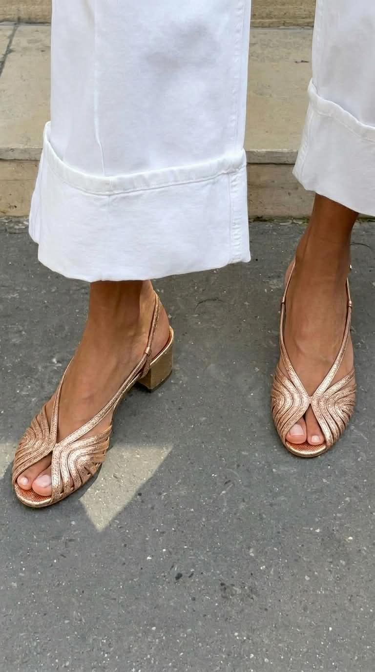 Tacchi a blocco slingback peep toe intrecciati metallizzati Oro Rosa