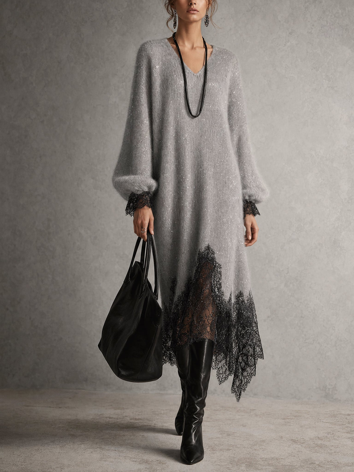 Grazia | Grey Midi Knit Dress with Lace Hem