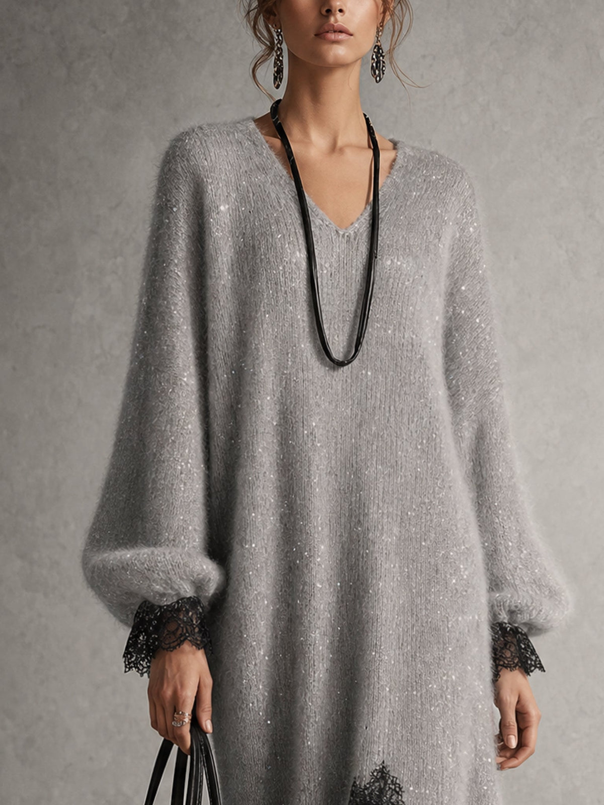 Grazia | Grey Midi Knit Dress with Lace Hem